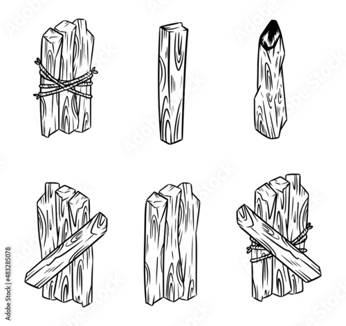 Set of Palo Santo. Holy wood tree aroma sticks from Latin America. Smudge burning incense bundle stock vector image collection
