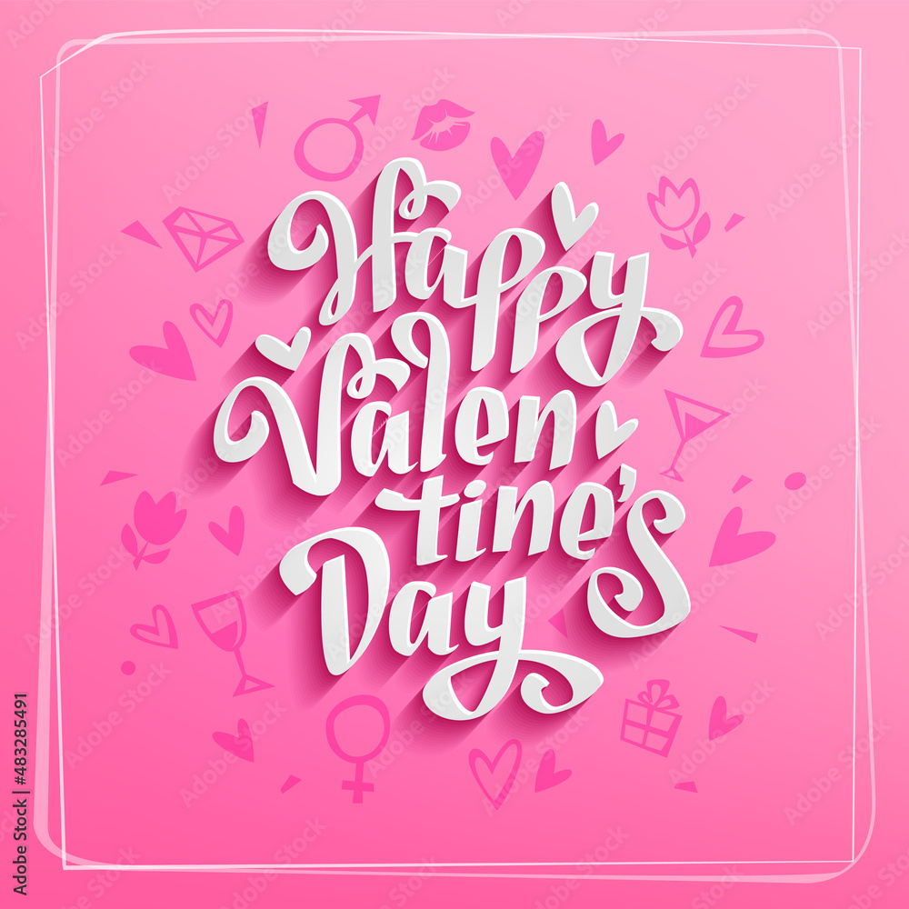 Happy Valentine's Day vector card with 3d paper cut lettering on Pink Background. Illustration with doodle style hearts and elements for Saint Valentine's Day design