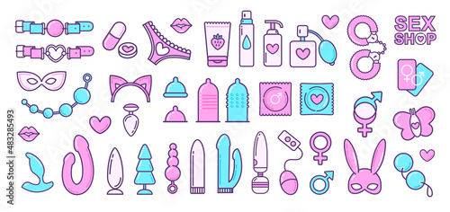 Vector Adult shop items and Sex Toys icons isolated on white background. Adult store logo with BDSM roleplay icon set	