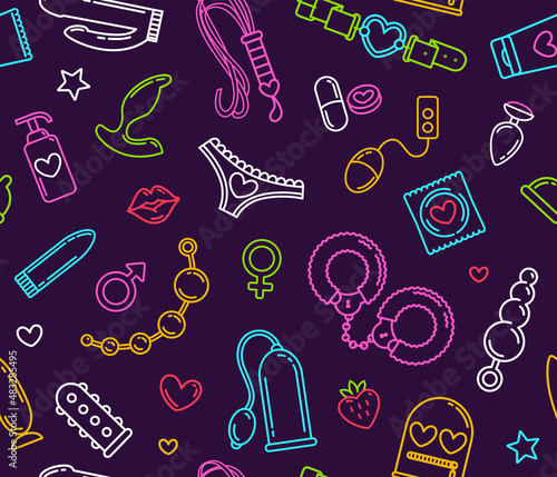 Sex toys and Adult Ship colorful icons in seamless pattern - vector template. BDSM roleplay items icon sexshop collection. Fashion printable background