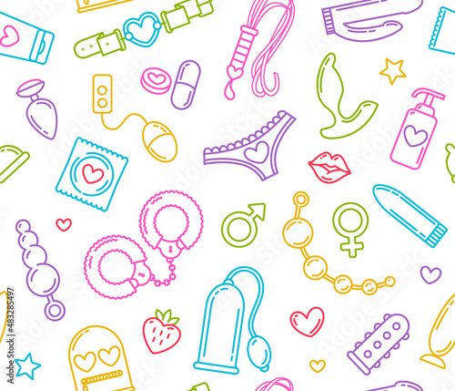 Sex toys and Adult Ship colorful icons in white background - vector template.  BDSM roleplay items icon sexshop collection. Fashion printable seamless pattern