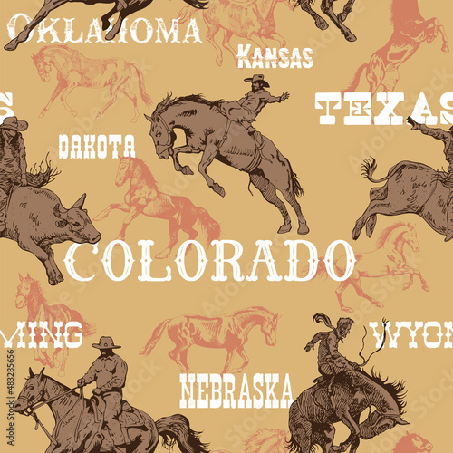 vector image of seamless texture wild west rodeo cowboys print on fabric paper