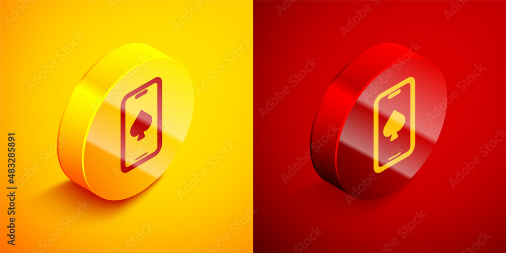 Isometric Online poker table game icon isolated on orange and red background. Online casino. Circle button. Vector Isometric Online poker table game icon isolated on orange and red background. Online casino. Circle button. Vector