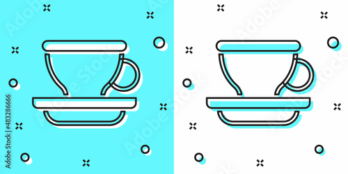 Black line Coffee cup icon isolated on green and white background. Tea cup. Hot drink coffee. Random dynamic shapes. Vector