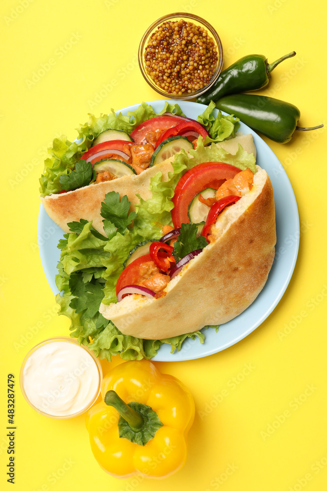 Concept of tasty food with pita with chicken, top view Concept of tasty food with pita with chicken, top view