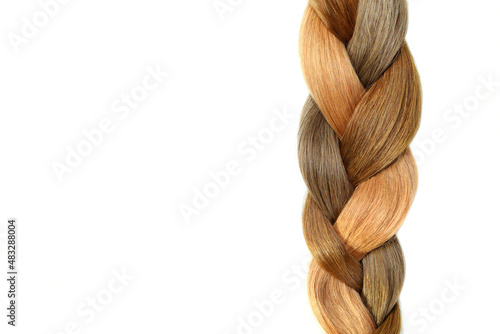 Pigtail of different color hair on white background