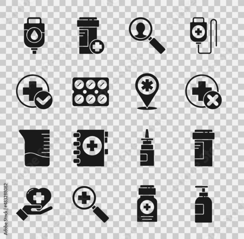 Set Hand sanitizer bottle, Medicine, Cross hospital medical, Medical analysis, Pills blister pack, IV bag and Map pointer with cross icon. Vector
