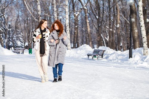 Two cheerful girlfriends are walking in the winter park © Andrey_Arkusha