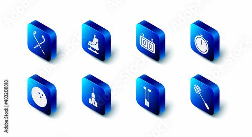 Set Skates, Sport mechanical scoreboard, Stopwatch, Tennis racket, Golf club, Dart arrow, Bowling ball and Ice hockey sticks icon. Vector