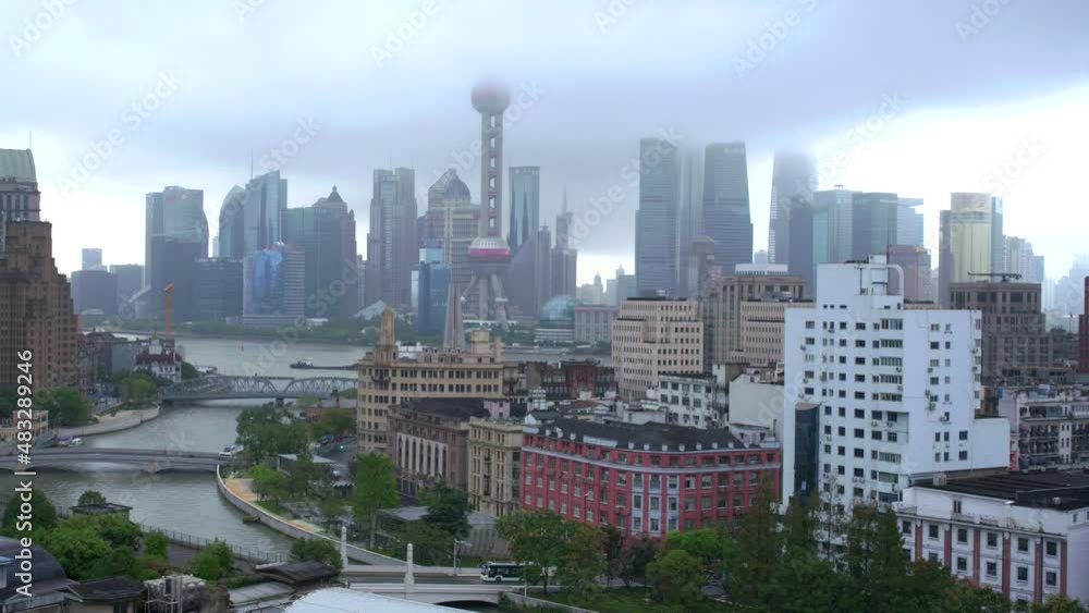 Aerial Shangai China Side Pan, China, Fog Weather Tower Aerial Shangai China Side Pan, China, Fog Weather Tower