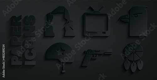 Set Pistol or gun, Eagle head, Military helmet, Dream catcher with feathers, Retro tv and Grand canyon icon. Vector