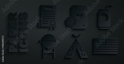 Set Indian teepee or wigwam, Soda can with straw, Barbecue grill, American flag, Casino chip and playing cards and Declaration of independence icon. Vector