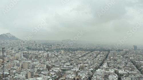 Aerial View Distance Acropolis and Likavitou Hill During Snow Storm, Athens photo
