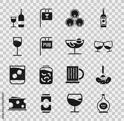 Set Bottle of cognac or brandy, Pickled cucumber on fork, Glass, Wooden barrels, Street signboard with Pub, Wine glass, bottle and Cocktail icon. Vector