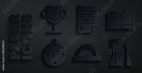 Set Protractor, Open book, Clock, Pencil sharpener, Exam paper with incorrect answers and Award cup icon. Vector
