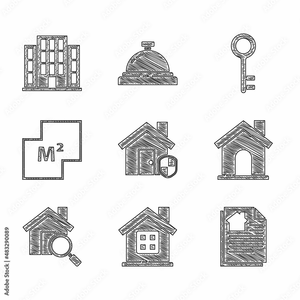 Set House under protection, contract, Search house, plan, key and icon. Vector