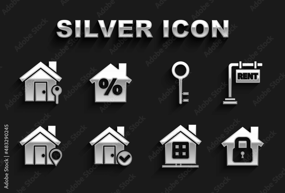 Set House with check mark, Hanging sign Rent, under protection, Location house, key, and percant discount icon. Vector