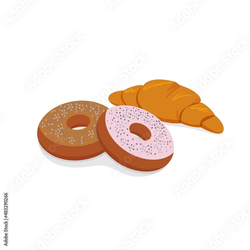 Bun with poppy seeds and croissant, vector food illustration in flat style.