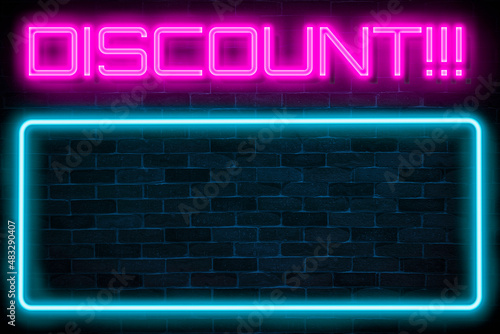 Discount neon banner with an empty frame, copy space, light signboard.
