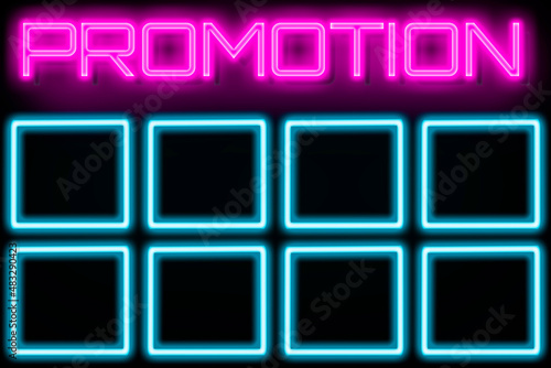 Promotion neon banner with an empty frame, copy space, light signboard.