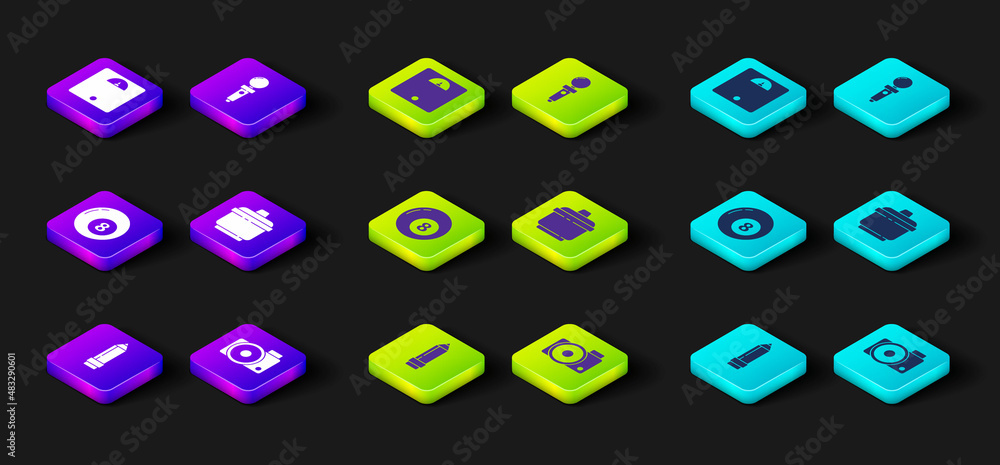 Set Pencil with eraser, Photo camera, Billiard pool snooker ball, Cooking pot, Joystick for arcade machine and Bathroom scales icon. Vector Set Pencil with eraser, Photo camera, Billiard pool snooker ball, Cooking pot, Joystick for arcade machine and Bathroom scales icon. Vector