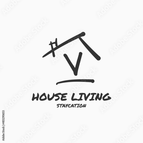 letter V minimalist doodle house vector logo design