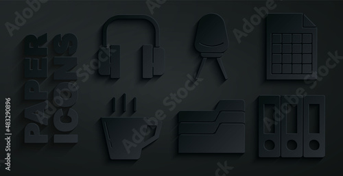 Set Document folder, File document, Coffee cup, Office folders, chair and Headphones icon. Vector
