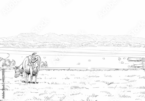 Farm sketch vector illustration.Hand drawn rural landscape.