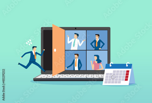 Meeting with team in social, remote school class, video call conference, social distancing during quarantine, teleconference webinar
