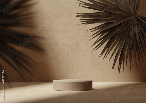 Fotografie, Obraz 3D background, beige pedestal podium on natural dry, palm leaf shadow brown backdrop