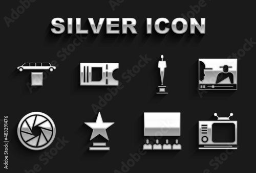 Set Movie trophy, Online play video, Retro tv, Cinema auditorium with screen, Camera shutter, Limousine car and carpet and ticket icon. Vector