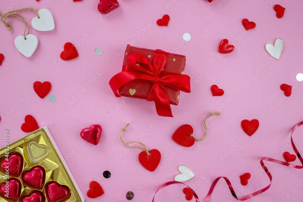 Valentine's Day holiday concept. On a pink background, valentine's day. Airplane travel.