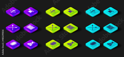 Set Diamond, Joker head, Crossed medieval spears, Antique treasure chest, Trumpet with flag and Battle crossbow arrow icon. Vector