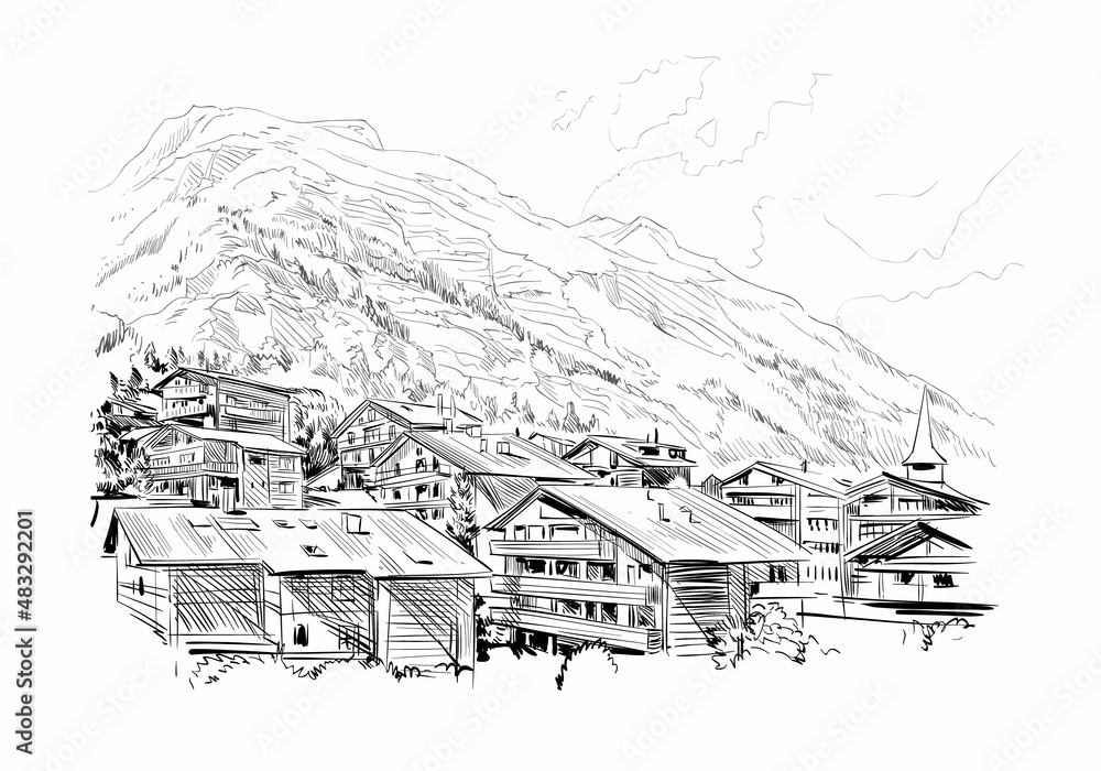 Zermatt tourist resort. Switzerland. Europe. Beautiful landscape. Hand drawn sketch vector illustration