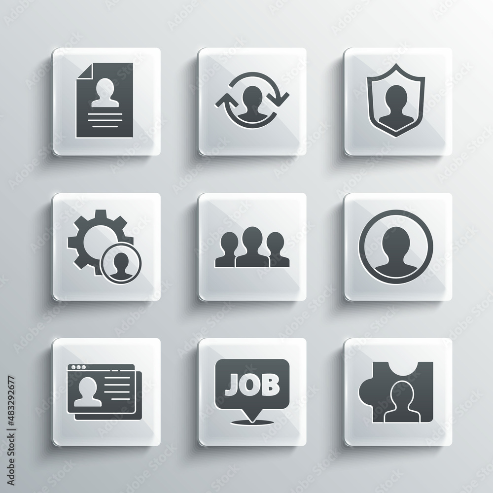 Set Speech bubble with job, Head hunting, Create account screen, Users group, Resume, and protection icon. Vector Set Speech bubble with job, Head hunting, Create account screen, Users group, Resume, and protection icon. Vector