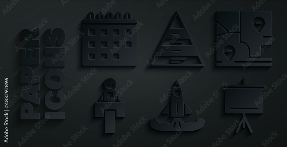 Fototapeta premium Set Rocket, Folded map with location, Stage stand or tribune, Chalkboard, Pyramid chart infographics and Calendar icon. Vector