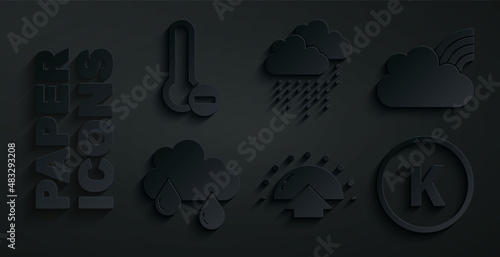Set Sunrise, Rainbow with clouds, Cloud rain, Kelvin, and Meteorology thermometer icon. Vector