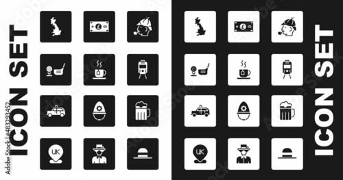 Set Sherlock Holmes, Cup of tea with tea bag, Golf club ball on tee, England map, Tram railway, Pound sterling money, Wooden beer mug and Taxi car icon. Vector