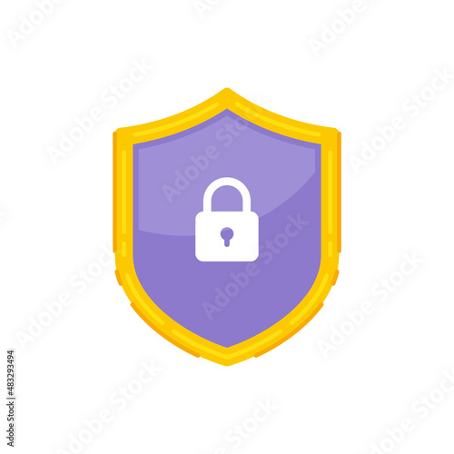 Purple classic shield yellow frame and lock vector flat illustration. Security antivirus padlock