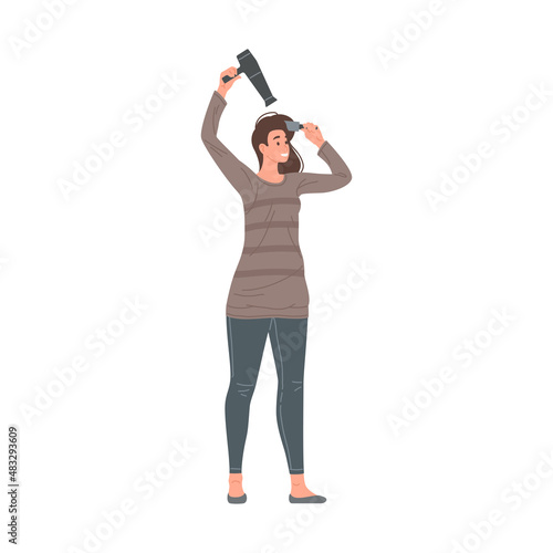 Smiling young woman drying wet hairstyle use electric hair dryer and brush vector flat illustration