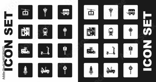 Set Wild west covered wagon, Train and railway, Broken road, Cable car, Road traffic signpost, Parking and TV News icon. Vector