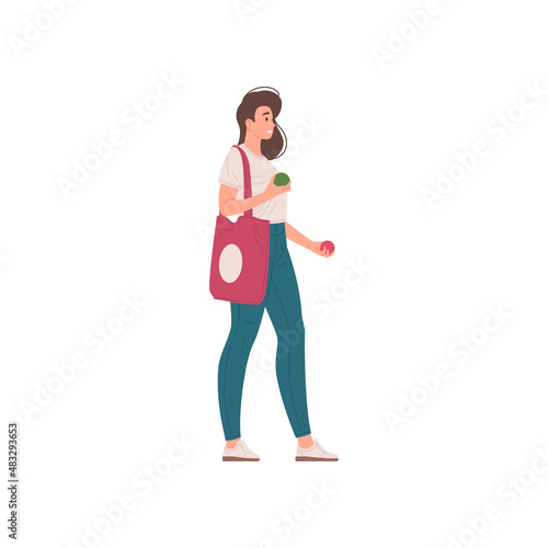 Smiling young casual female holding two fresh seasonal apples going with shopping bag vector flat