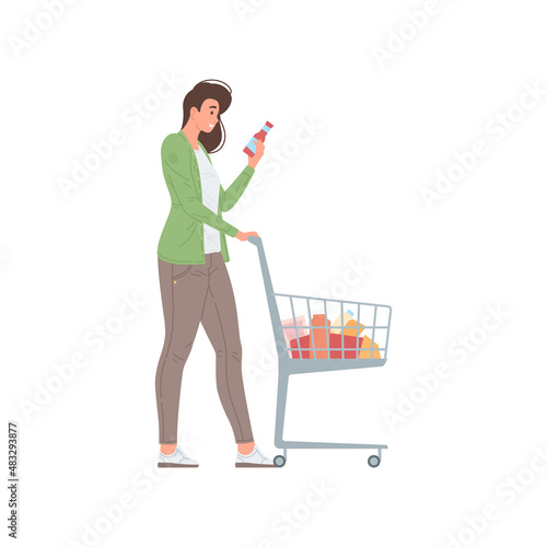 Woman choosing products at grocery supermarket going with trolley vector flat illustration