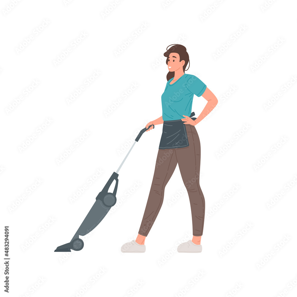 Smiling young housewife in apron cleaning floor use vacuum cleaner vector flat illustration Smiling young housewife in apron cleaning floor use vacuum cleaner vector flat illustration