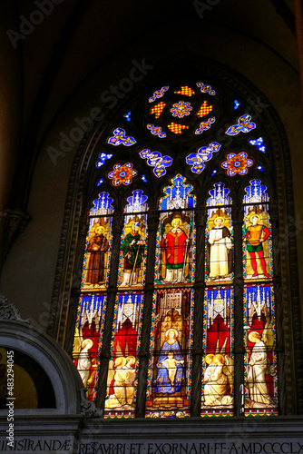 Bologna, Italy: Stained glass window in basilica di San Petronio in the square, Piazza Maggiore 