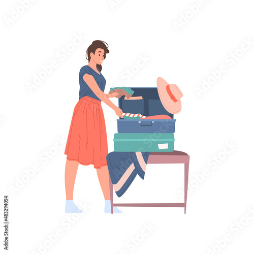Smiling young woman packing clothes in suitcase ready to travel vacation vector flat illustration