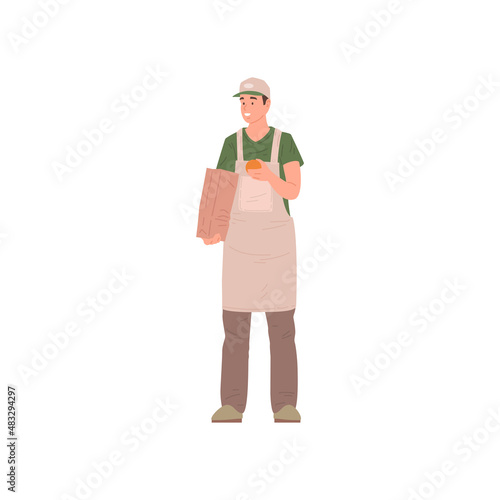 Young male fruit vendor in uniform selling fruits packing in paper package vector flat illustration