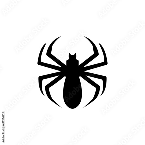 Spider Black Widow. Black bug spider silhouette, isolated white background. Scary Halloween icon, symbol horror, animal arachnid, creepy dangerous insect, arachnophobia fear. Vector illustration