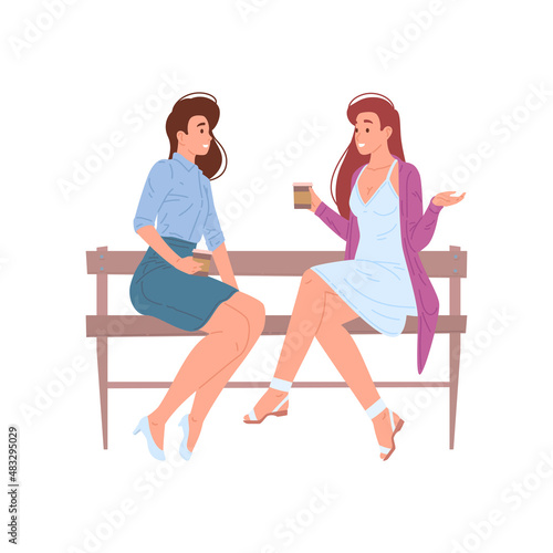 Two young modern woman talking drinking coffee sitting on bench outdoor enjoying friendship vector