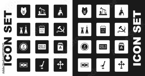 Set The Tsar bell, Calendar 12 june, Chess, Bear head, Hammer and sickle USSR, Oil pump or pump jack, Jar of honey and Rouble, ruble currency icon. Vector